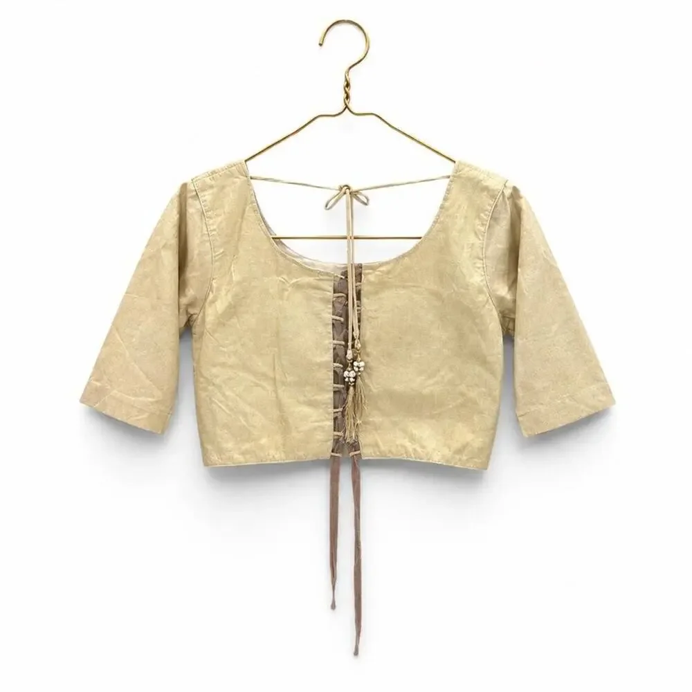 Boho Embroidered Lace Up Crop Blouse
